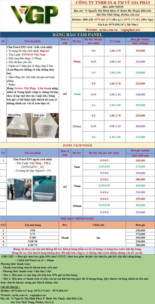 Bảng báo giá tấm Panel Đắk Lắk