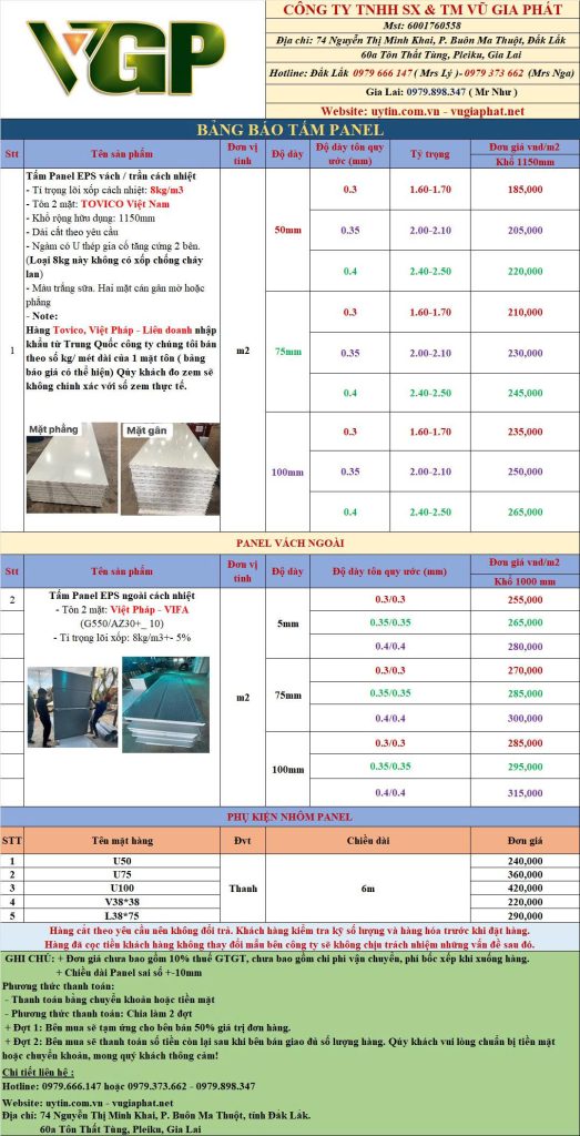 Bảng báo giá tấm Panel Đắk Lắk mới nhất